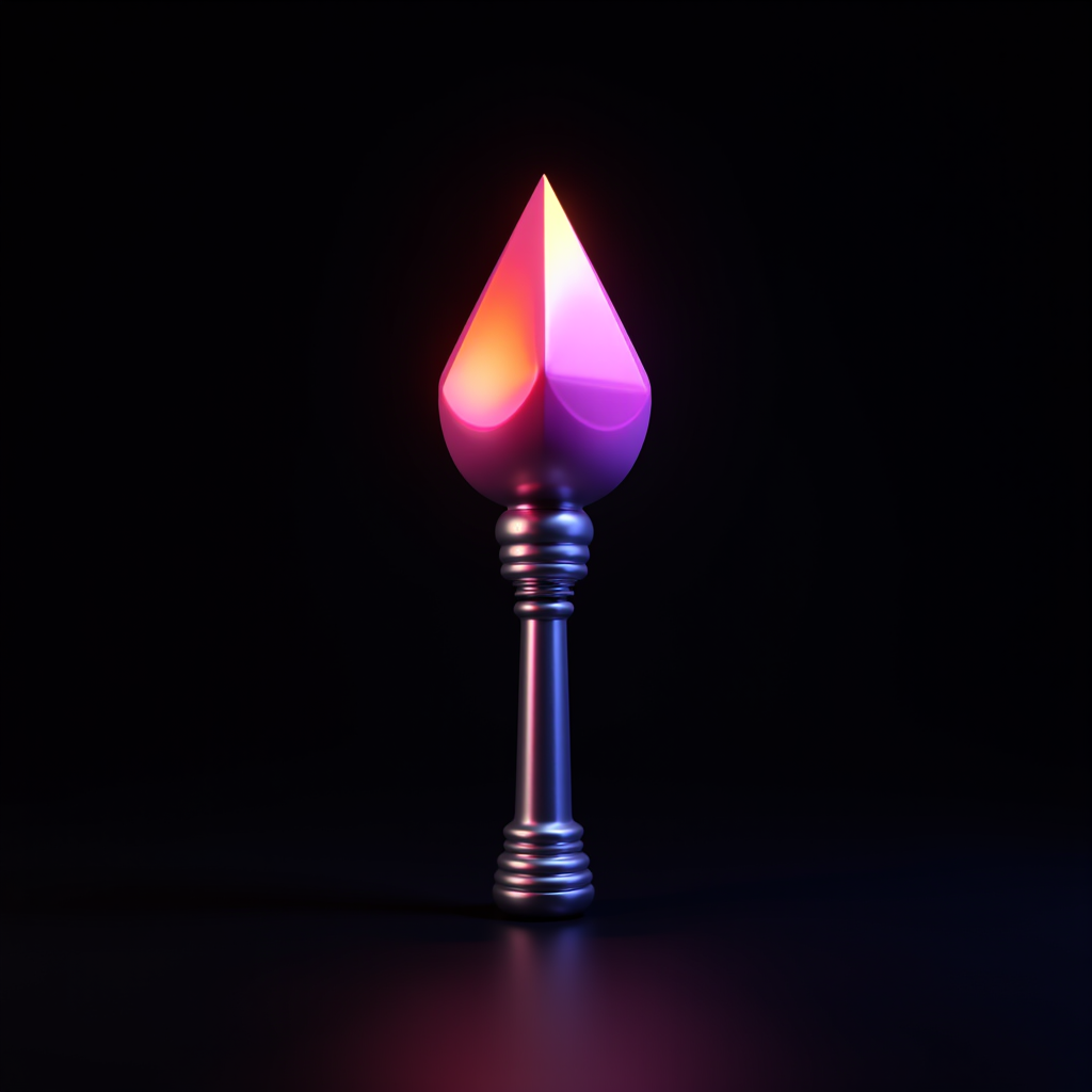 A metallic spade-shaped object glows in pink and orange hues against a dark background.