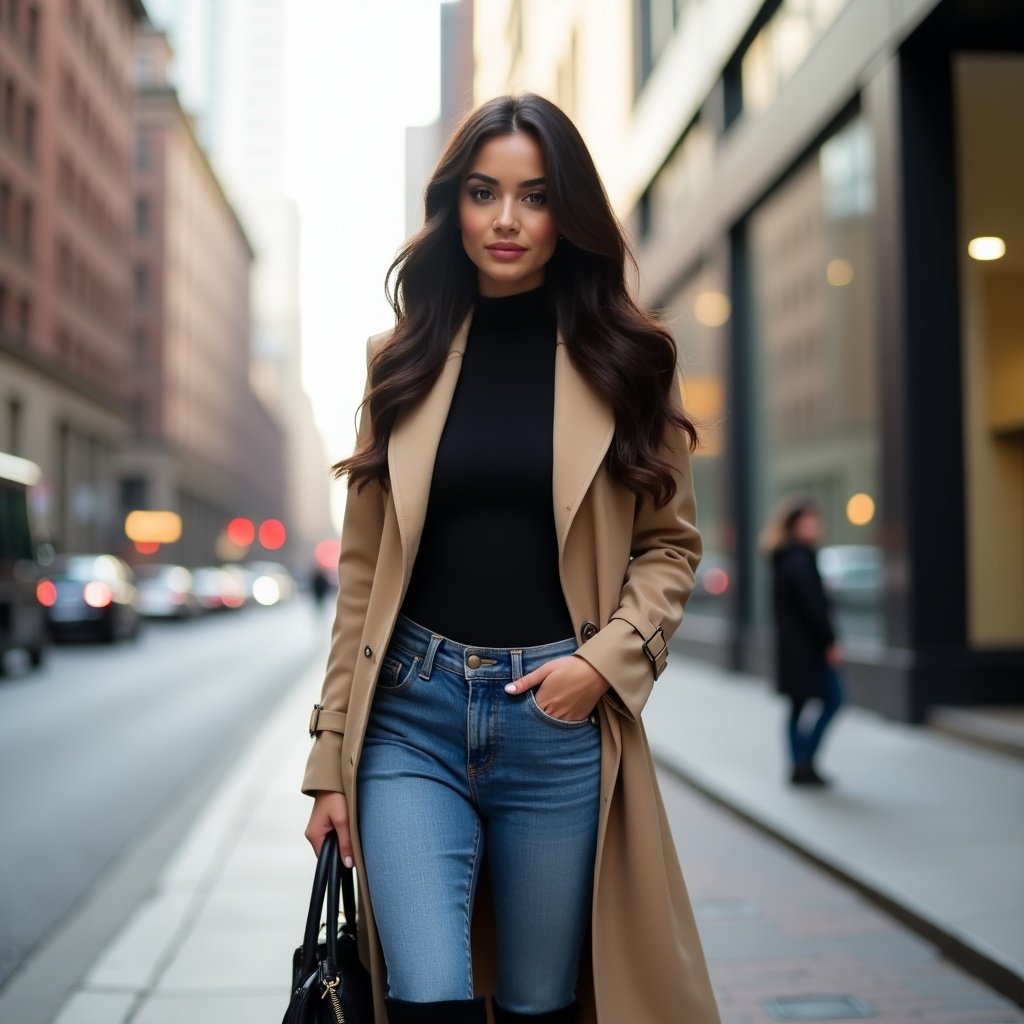 Young woman with almond-shaped hazel eyes and dark wavy hair. She wears a tailored beige trench coat over a black turtleneck. Outfit includes high-waisted jeans and heeled boots. Poses confidently on an urban street. Background shows a blurred cityscape with sunlight.