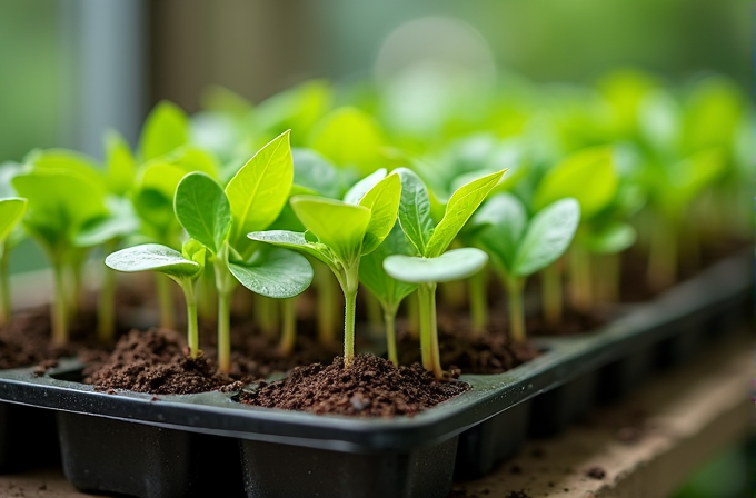 A close-up view of young, green seedlings growing in a tray with soil.