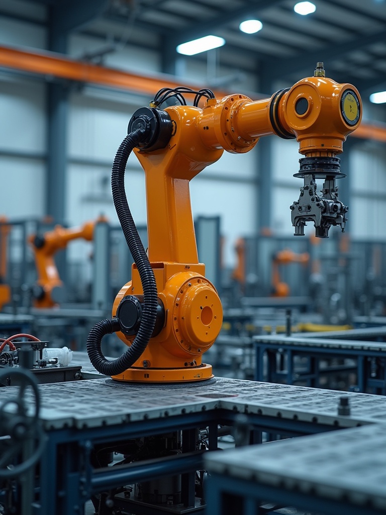 Image shows automatic production line with a six-axis robotic arm. The robotic arm is orange. Background contains multiple robotic arms and production equipment. Setting is a manufacturing facility with high-tech machinery.