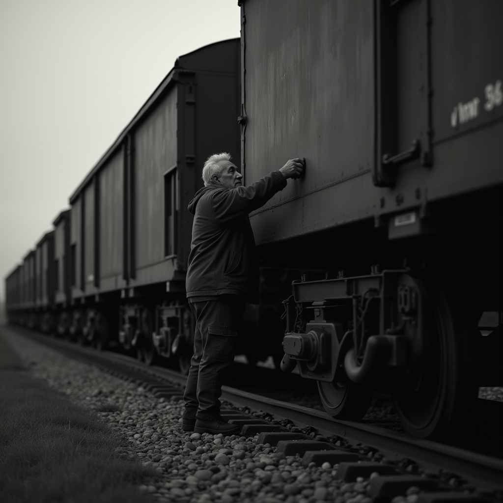 A man standing by a long train in a monochrome setting, evoking a sense of nostalgia.