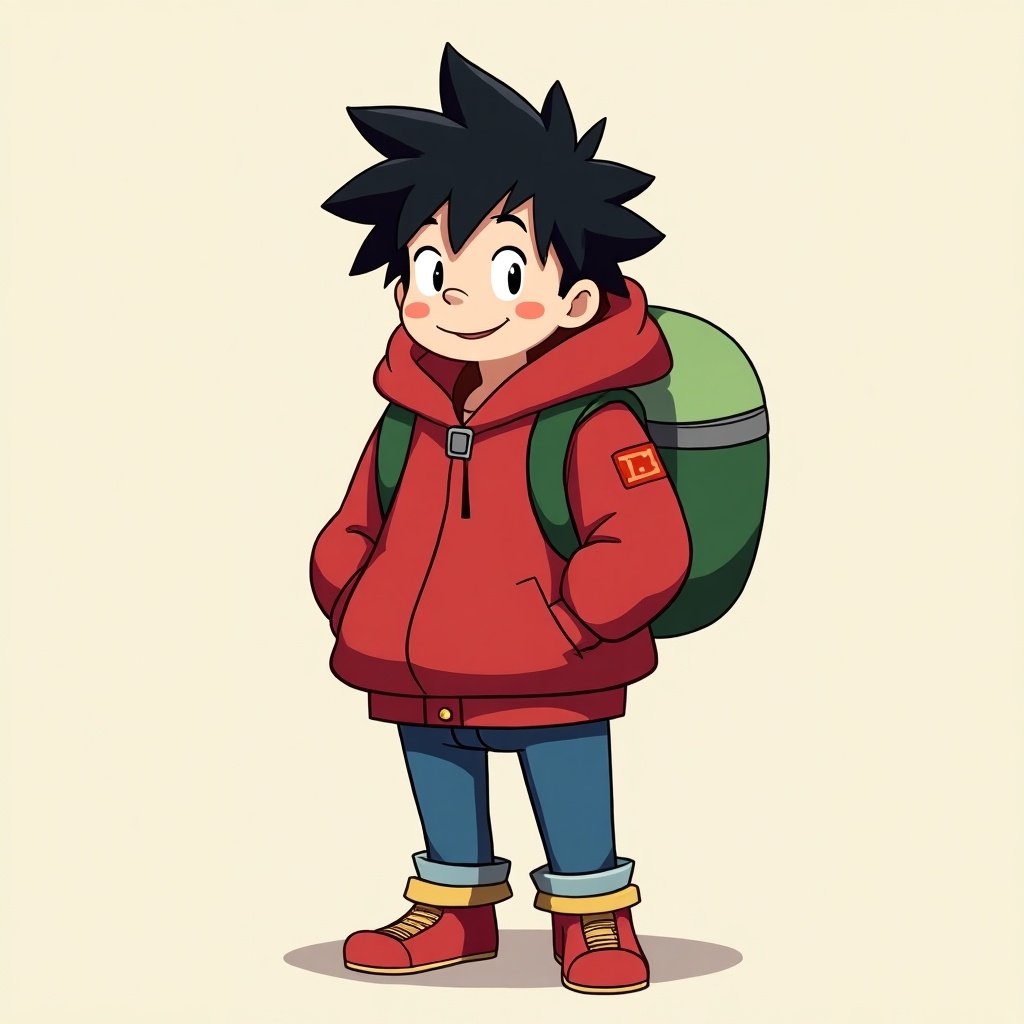 Adventure time style character. Black hair red jacket. Full body view.