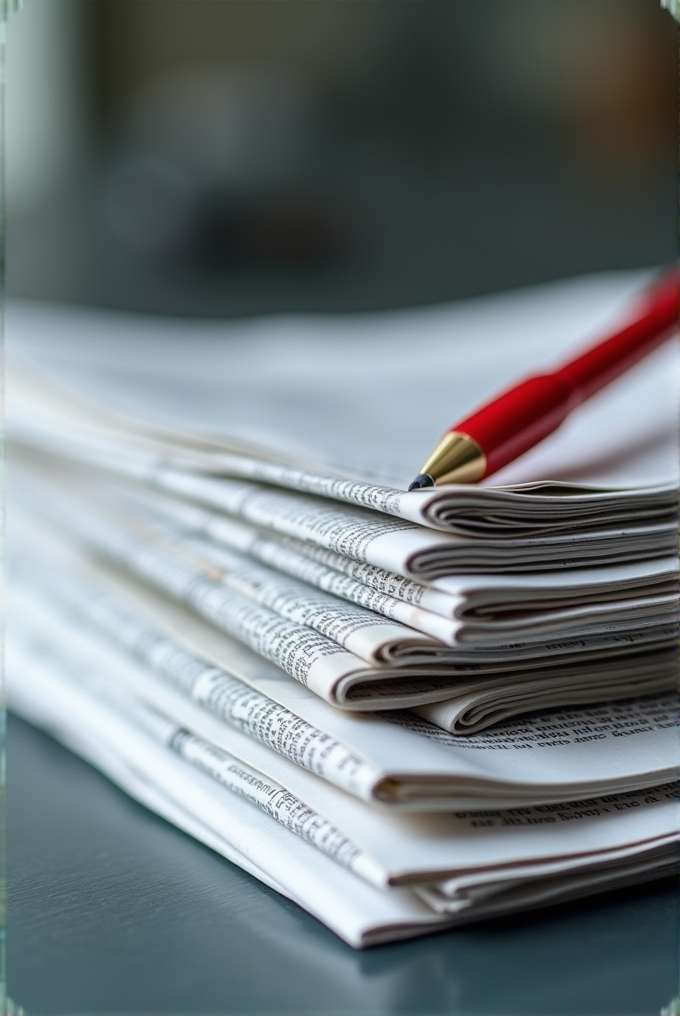 A stack of neatly folded newspapers with a red pen resting on top.