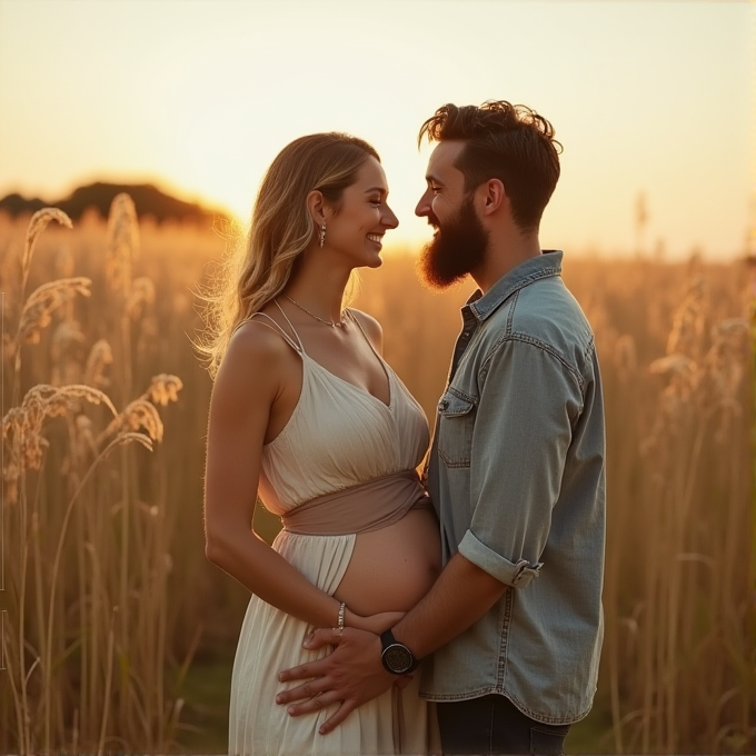 A couple lovingly embraces in a sunlit field, with the woman showing a baby bump and serene smiles exchanged under a golden sunset.