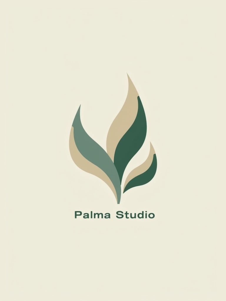 Minimalist logo design inspired by Iranian architecture. Design features abstract shapes of palm leaves. Colour palette includes grey, white, green, and beige. Logo emphasizes simplicity and elegance. Text 'Palma Studio' integrated in modern style.