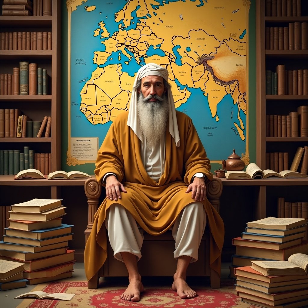 An elderly man with a long beard sits on a chair. He is wearing traditional clothing. Behind him is a large map of the world. There are books piled around him giving the appearance of a scholarly environment. He looks wise and contemplative.