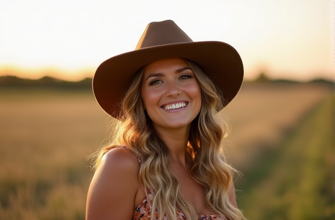 A young woman with long wavy hair smiles warmly while wearing a wide-brimmed brown hat, standing in a sunlit field.