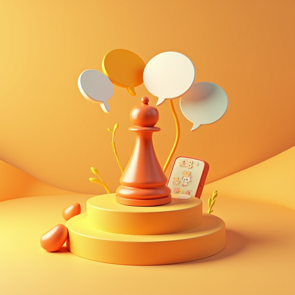 An orange chess piece stands on a platform surrounded by speech bubbles and a cute phone in a warm, surreal setting.