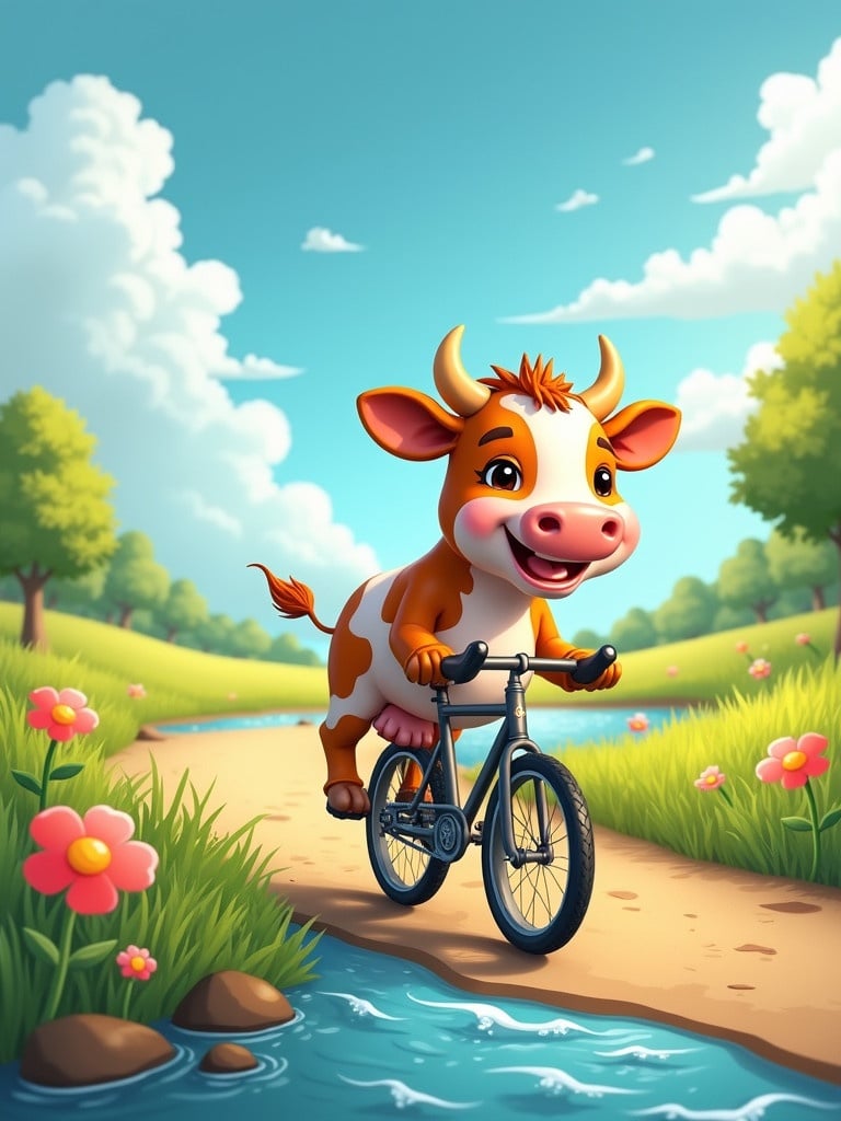 A joyful cow rides a bicycle on a sunny day. Cow has a big smile. Meadow is filled with colorful flowers. A sparkling stream runs alongside the path. The scene appears cheerful and inviting.