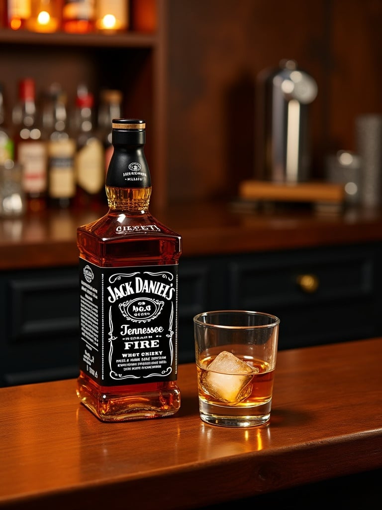 Cozy bar scene featuring Jack Daniel's Tennessee Fire whisky next to a glass with ice on a wooden counter under warm lighting.