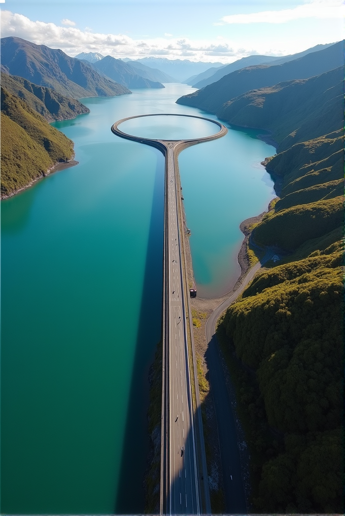 A long bridge with a circular section spans across a calm, turquoise body of water, surrounded by lush green hills.