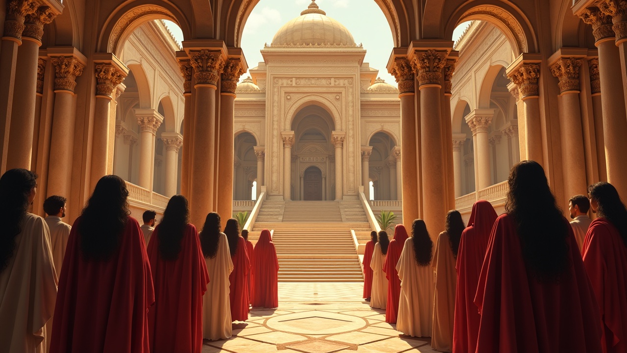 A majestic, ancient temple entrance with people in red and white cloaks, ornate columns, grand stairway, sunlight streaming in, architectural beauty.