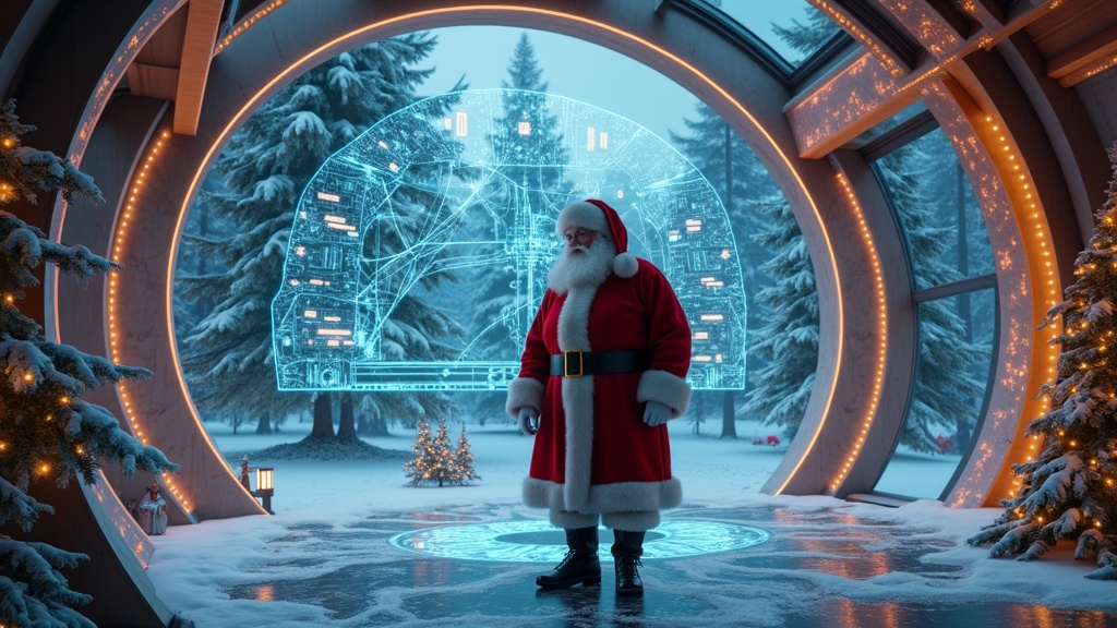 Cinematic image showcasing Santa Claus in a high-tech room. Holographic designs add a modern touch. Openings reveal snowy woods and sky above. Wide shot with Santa surrounded by glowing models and festive messages.