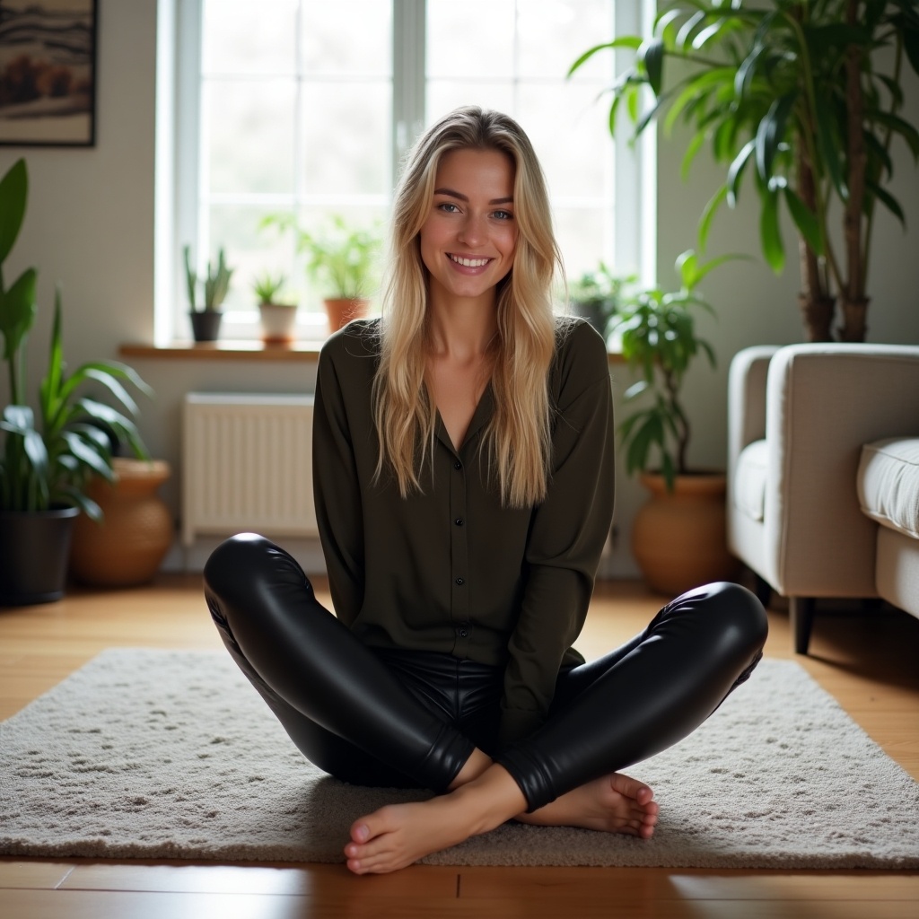 A young, pretty woman is sitting on a mat in a cozy Danish living room. She has long blonde hair and a warm smile, wearing tight black leather leggings and a matching shirt. The scene is complemented by indoor plants and comfortable furniture, making the atmosphere inviting and relaxing. Natural light fills the space, emphasizing its warmth. Her confident demeanor adds a charming touch to the overall vibe of the room.