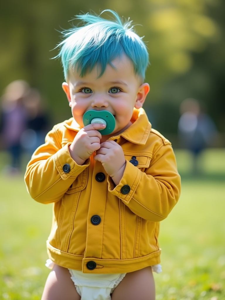 Seven year old British boy with short blue hair and emerald green eyes. Wearing a yellow denim jacket and diapers. Smiling in the park with parents. Pacifier present.