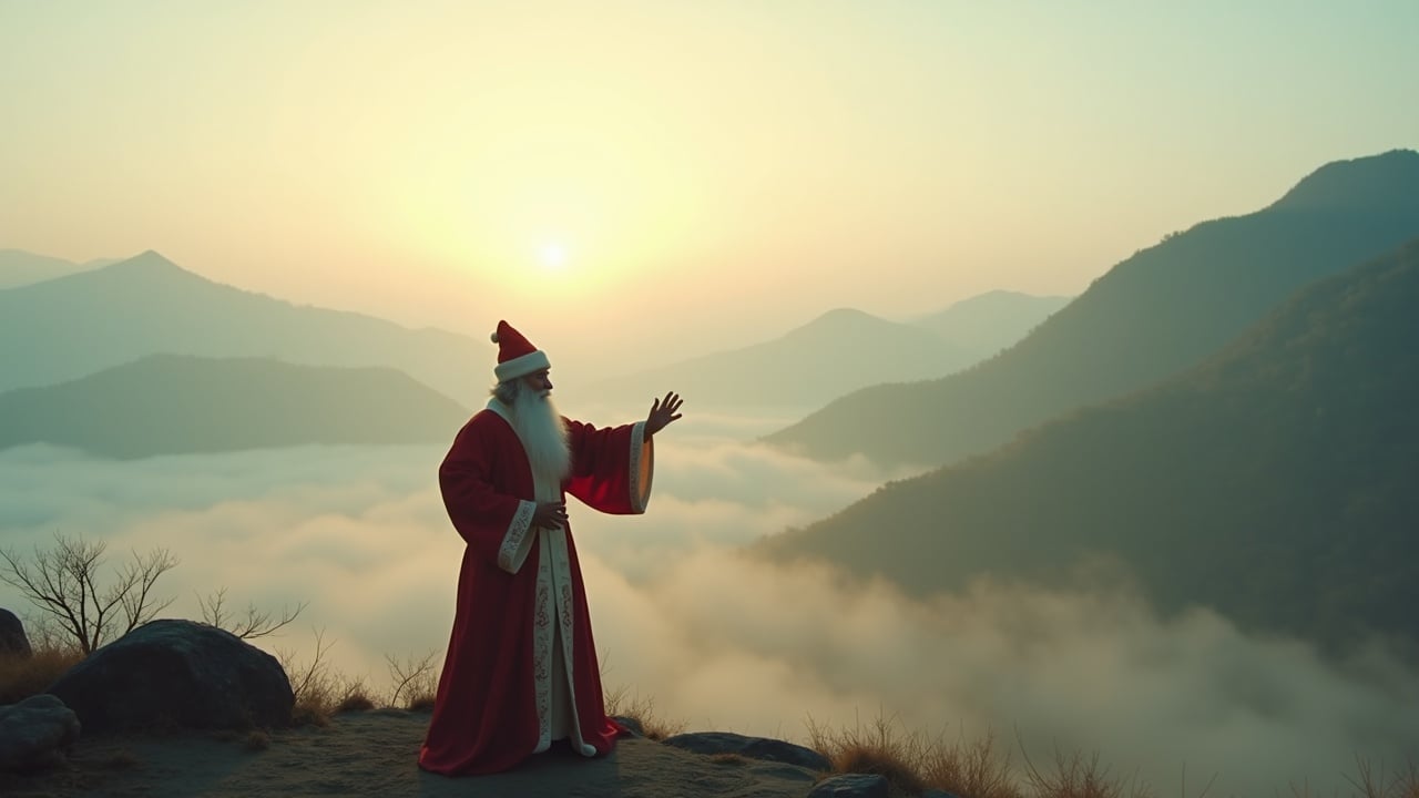 Cinematic image of Santa Claus in a misty mountain landscape at dawn, practicing Tai Chi Chuan while dressed in traditional Chinese clothing.