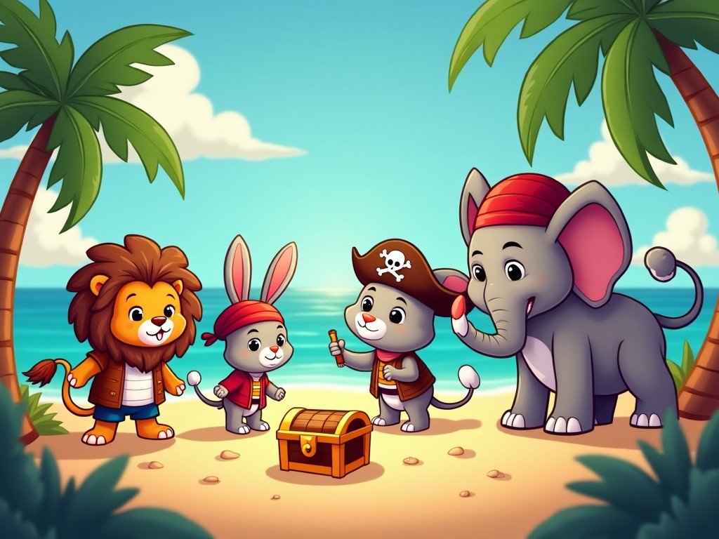 A cartoon illustration of a lion, rabbit, monkey, and elephant dressed as pirates on a tropical beach, with a treasure chest between them.