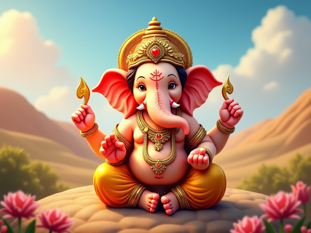 This image depicts Lord Ganesha, the beloved elephant-headed deity in Hinduism, seated in a serene meditative pose. Adorned with ornate jewelry and a golden crown, Ganesha is set against a picturesque nature backdrop with rolling hills and a clear blue sky. The presence of pink lotus flowers in the foreground adds to the tranquil and sacred atmosphere of the scene.