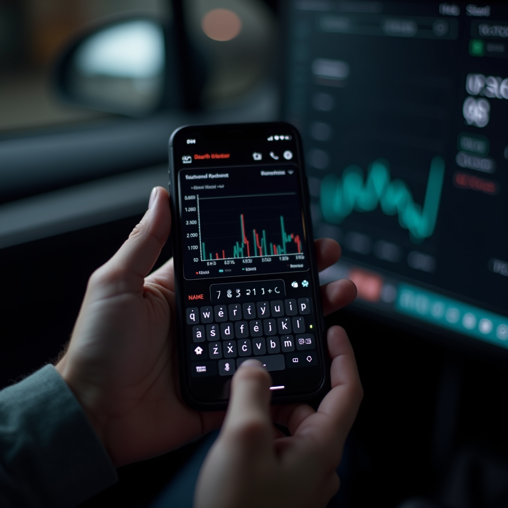 A mobile phone displaying graph data with a dashboard in the background, held in a car setting.