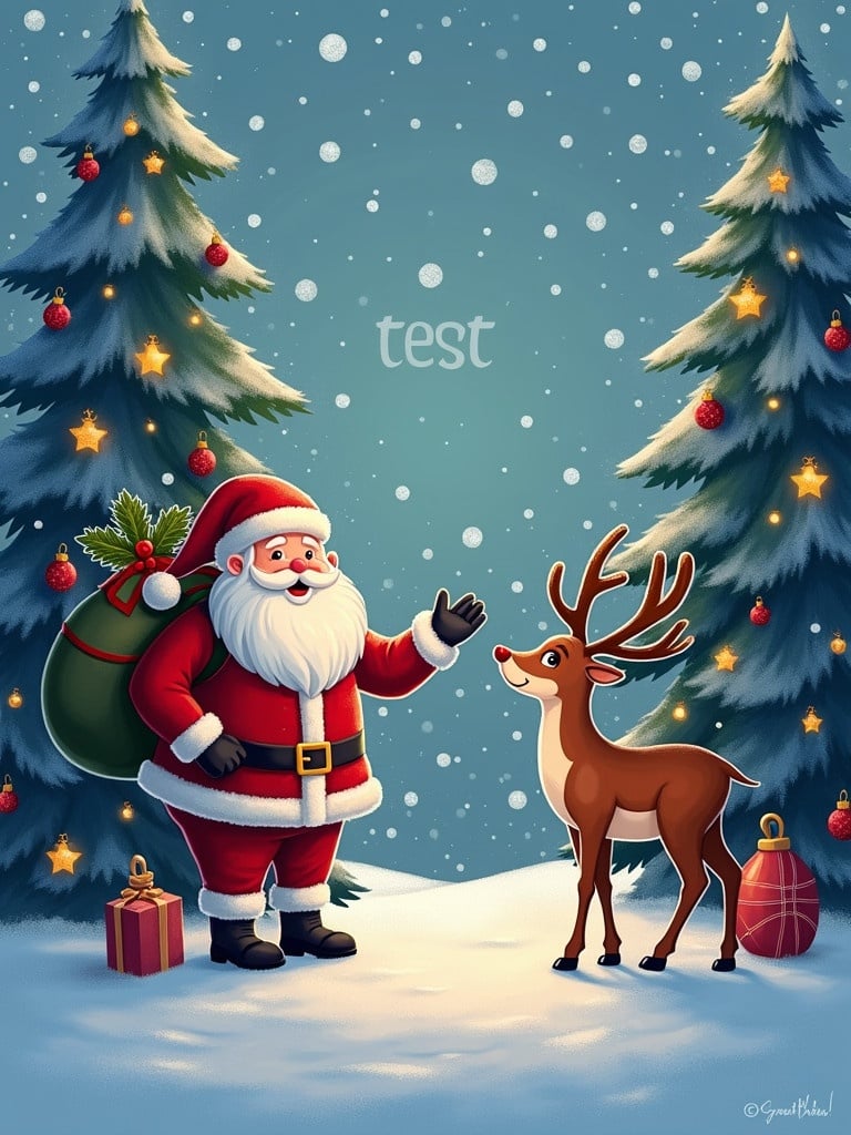 Christmas greeting card design features Santa Claus and reindeer beside Christmas trees in snow with warm lighting and festive decorations. Includes text in the middle: 'test'.