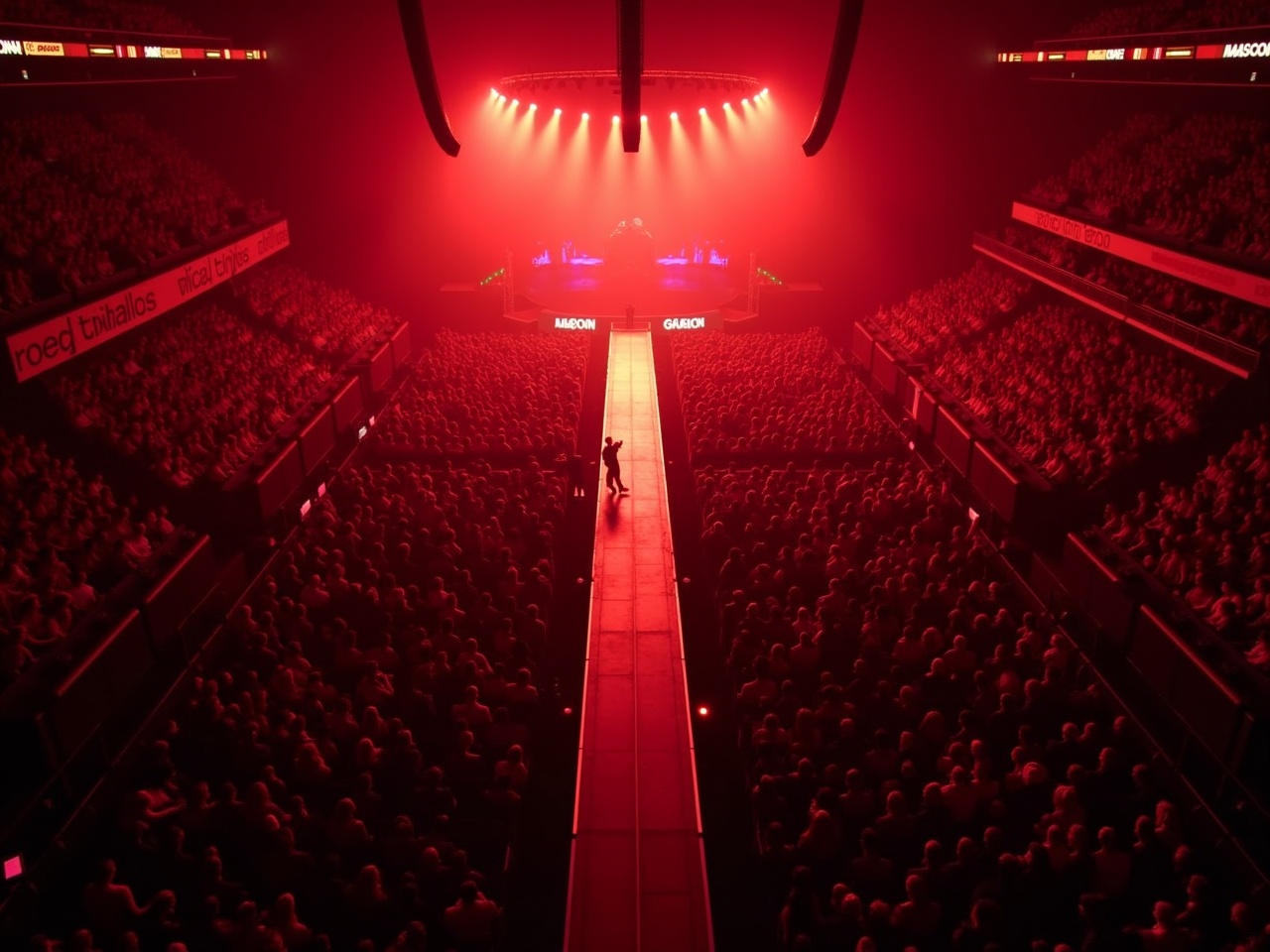 The image captures a thrilling moment at a Roddy Ricch concert inside Madison Square Garden. A long T-stage runway extends from the main stage directly into the audience. The arena is filled with fans, all focused on the electrifying performance. Bright red lights illuminate the stage, creating a vibrant atmosphere. The perspective is from above, offering a dramatic view of both the stage and the audience. This scene embodies the energy and excitement typical of a major music event.