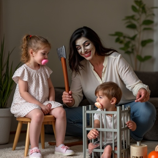 A playful scene with a mother and her kids. The young girl lies her head on a stool. The mother humorously pretends to chop with a toy axe. The girl has a big pacifier. Two siblings are in a small cage waiting for their turn. The mother wears an executioner mask. The scene is joyful and fun.