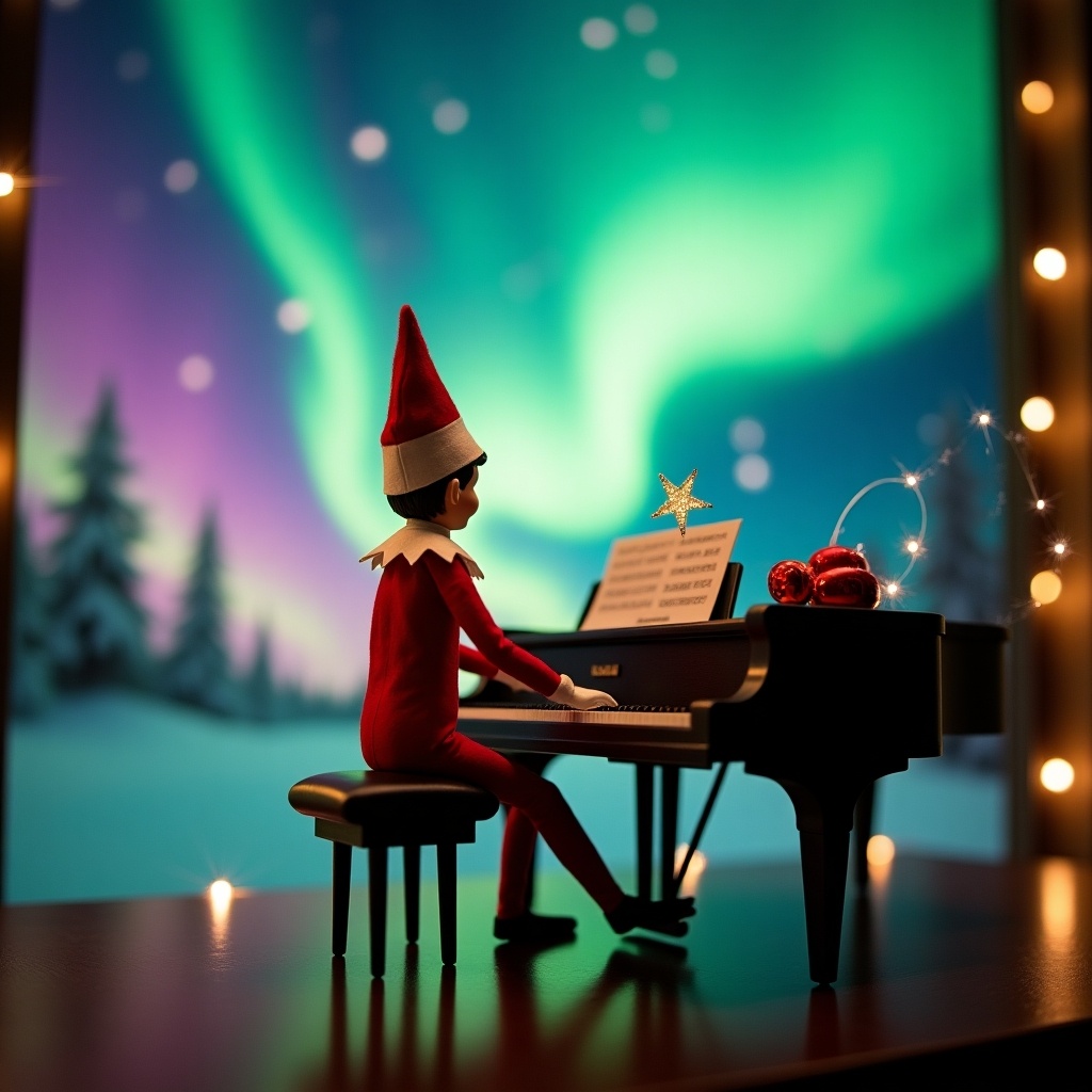 Christmas scene with an elf on the shelf playing a piano. Elf is in red and white, holding a magic wand. Northern lights in the background create a magical atmosphere. Scene is festive and whimsical, capturing holiday spirit.