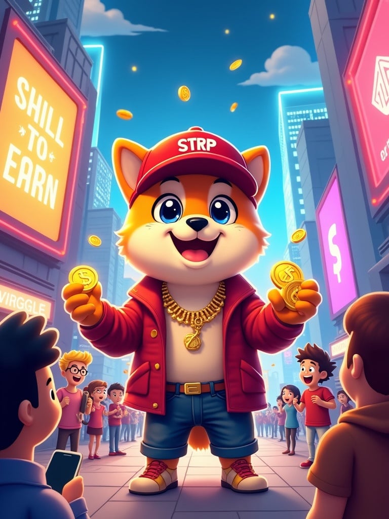 A vibrant scene features a playful Shiba dog wearing a red baseball cap labeled $TRP and luxurious designer clothing. The Shiba is in the center of a futuristic city plaza. Holographic billboards advertise Shill to Earn. The dog hands out golden coins and interacts with a crowd of diverse characters holding smartphones. The background has neon lights, skyscrapers, and a glowing digital sky creating an energetic atmosphere.