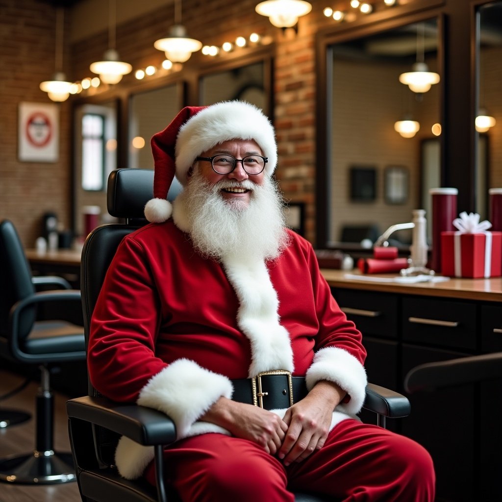 Joyful Santa is sitting in a barber shop. Salon atmosphere is visible with festive decorations and gifts.