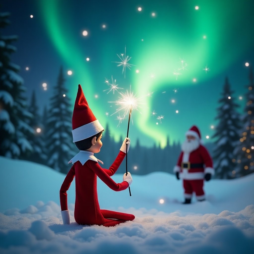 Elf from Elf on the Shelf sitting in snow. Facing the northern lights in the sky. Holding a wand and writing greeting in the air. Santa Claus blurred in the background. Winter wonderland theme with snow. Magical and festive ambiance.