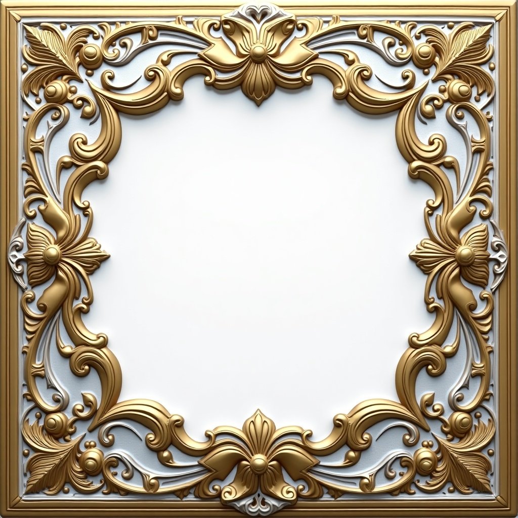 Intricate card frame with gold and silver colors. Decorative floral and leaf patterns. Empty center space for customization.