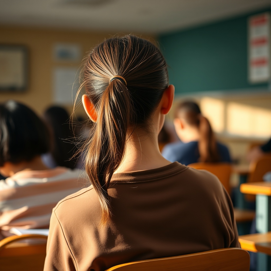 A student sitting attentively in a sunlit classroom.