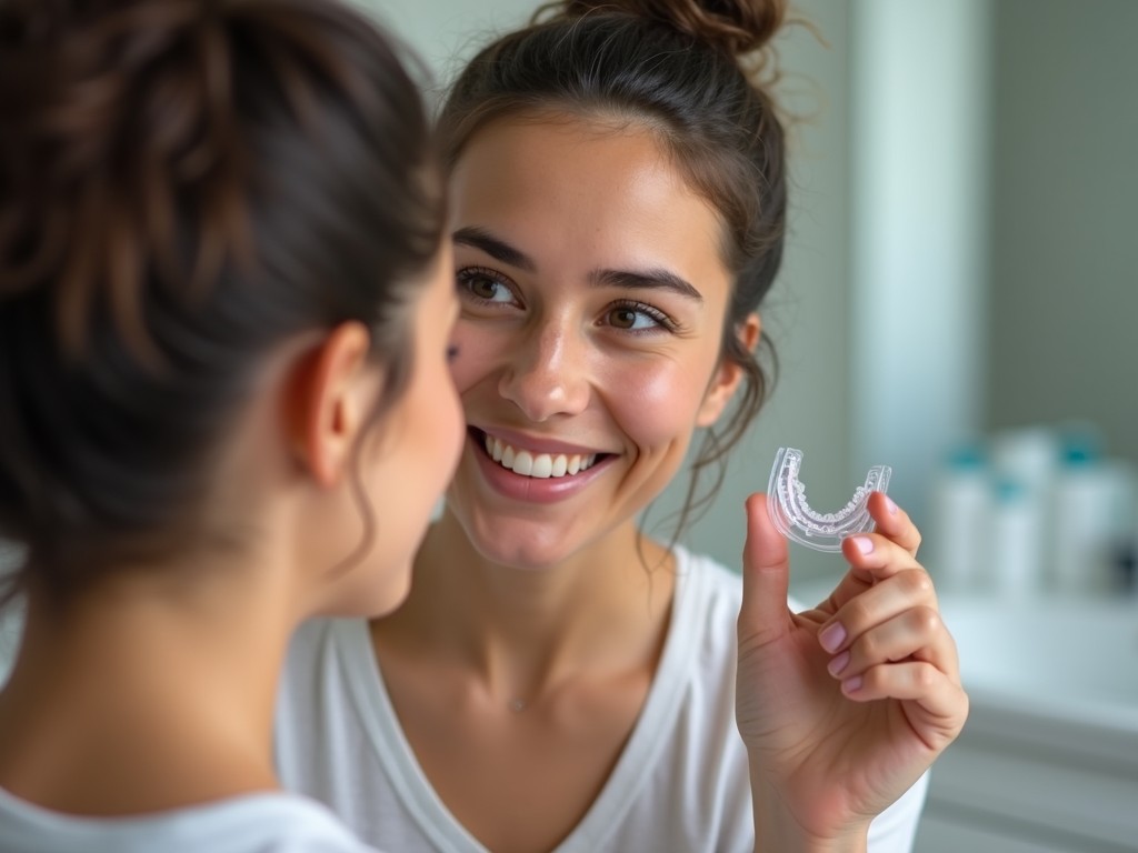 a woman smiling with a dental retainer, looking in the bathroom mirror