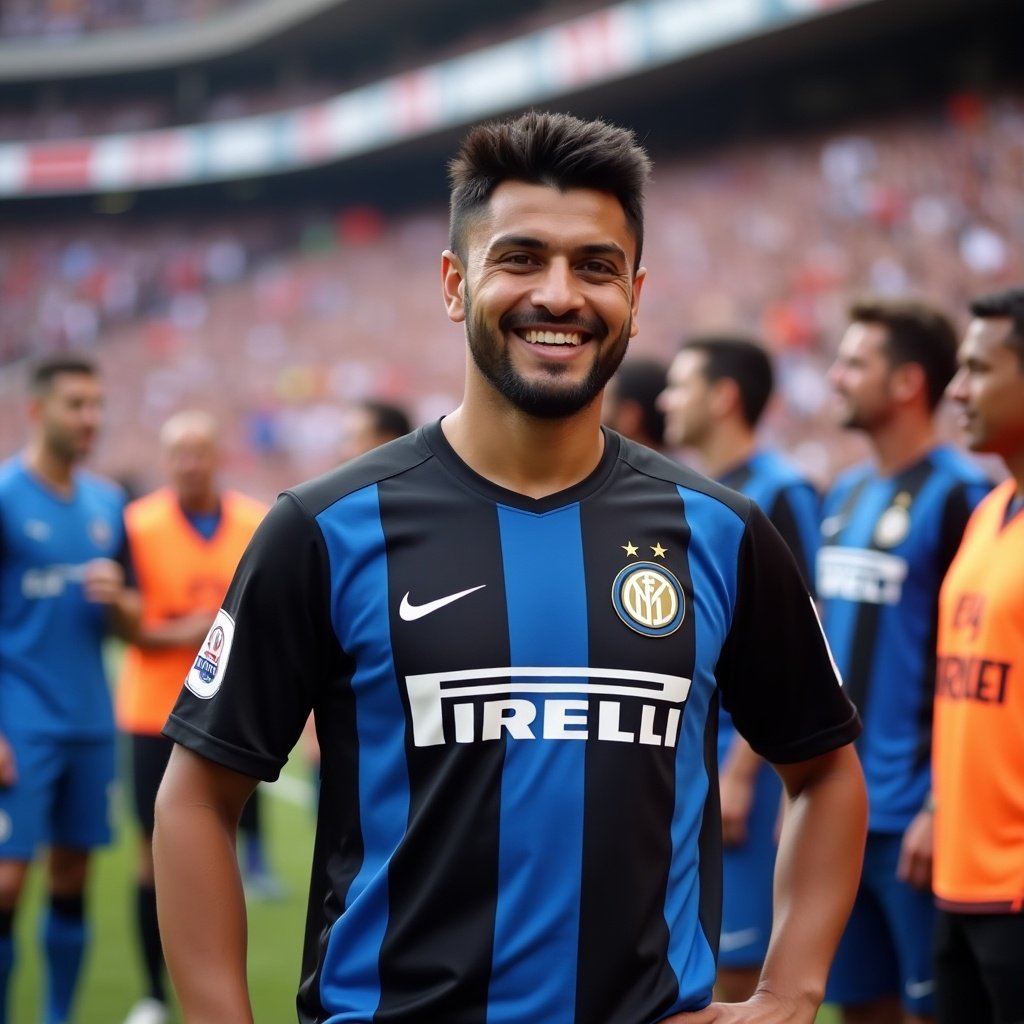 Player wearing an Inter Milan jersey stands on the field. Others in blue jerseys are visible in the background.