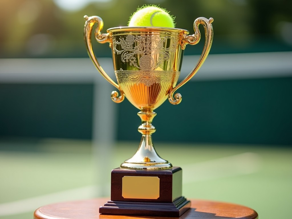 This image features a shiny gold trophy designed for a teenage tennis tournament. Atop the trophy sits a bright green tennis ball, symbolizing the sport and competition. The trophy has intricate engravings, reflecting the prestige of the event. The background is a lush green tennis court, enhancing the theme of youth sports. This trophy represents the culmination of hard work and dedication in tennis.