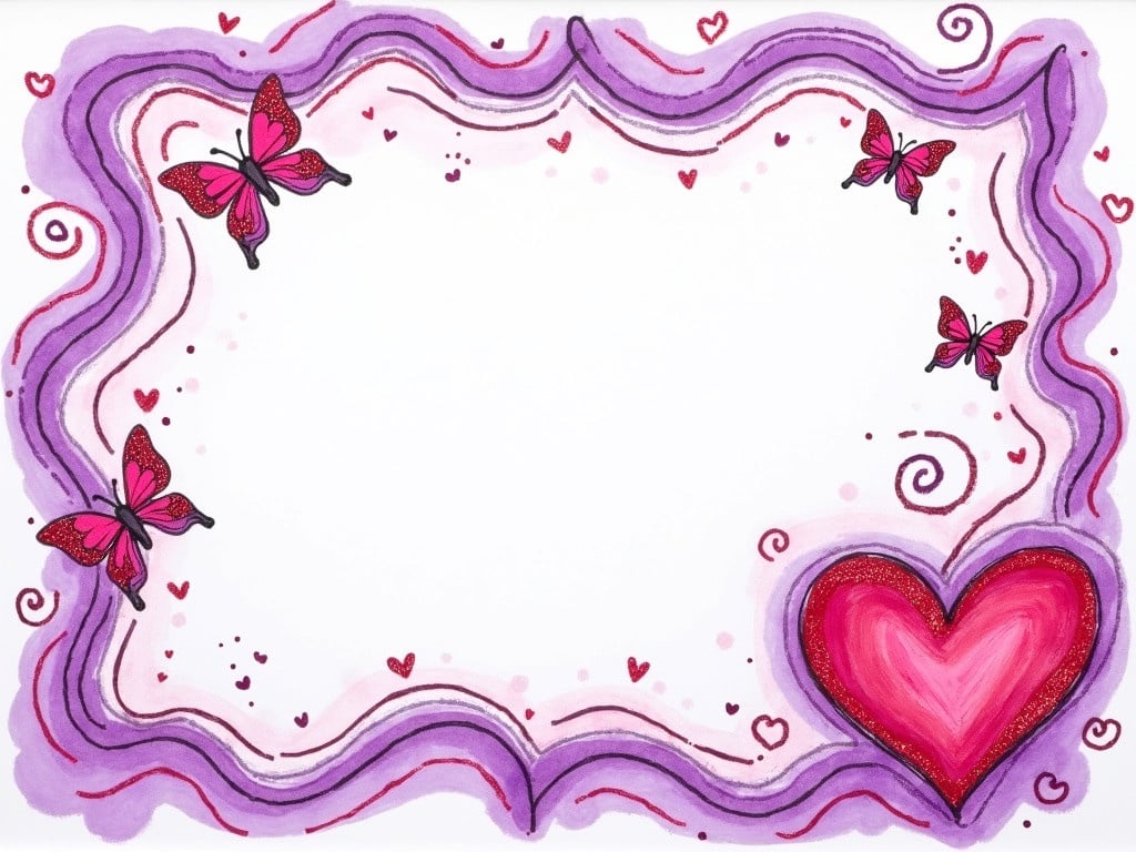 Valentine theme with purple pastels. Frame is filled with swirls and a large heart in the bottom right corner. Butterflies drawn in glitter. Text in an artistic font reads 'fuzzy feelings'.