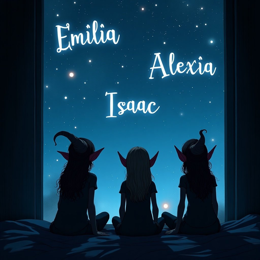 Three elves silhouette by a window. Night sky shows glowing names. Names are Emilia, Alexia, Isaac.