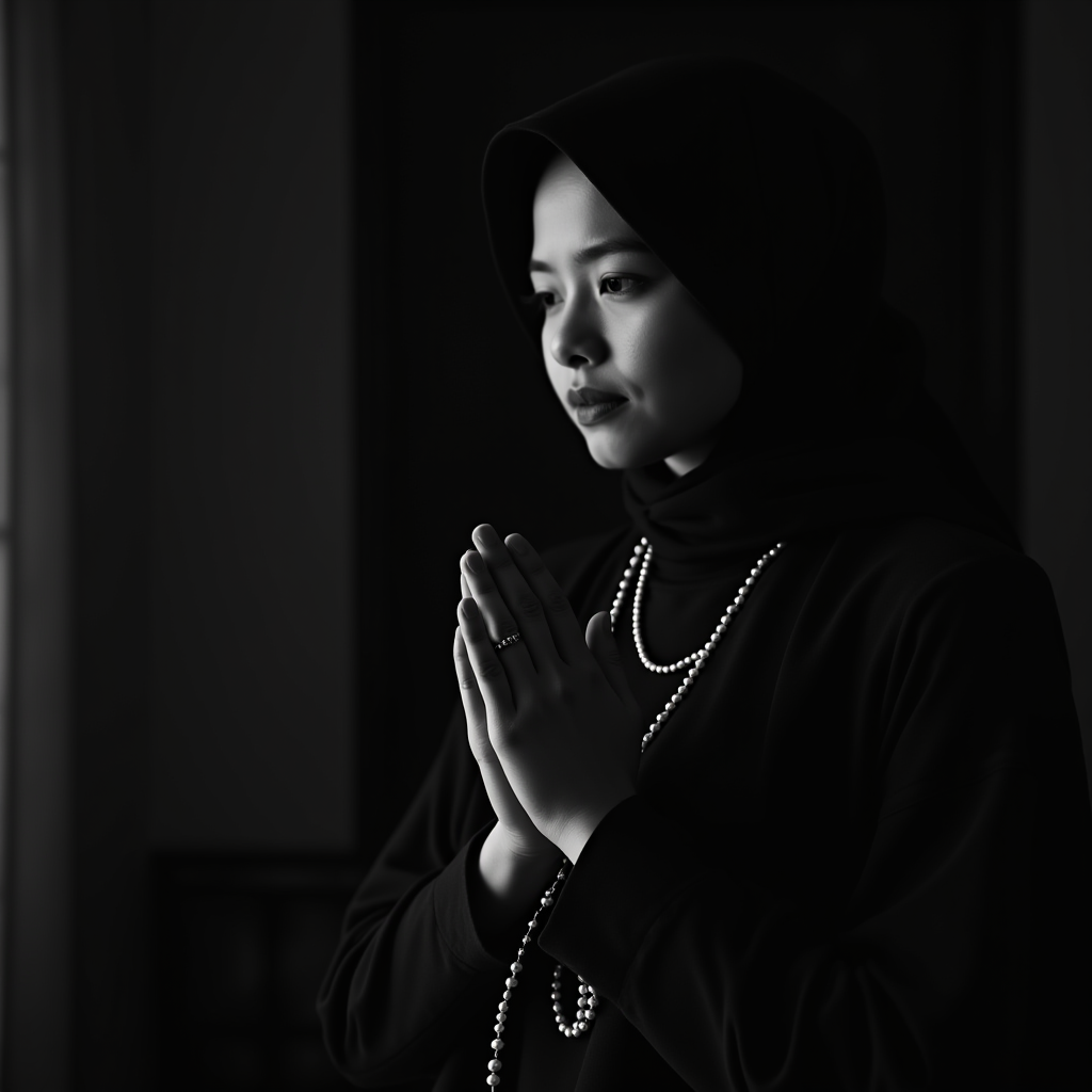 A monochrome portrait of a contemplative woman wearing a headscarf, with hands in a prayer position and a string of pearls around her neck.