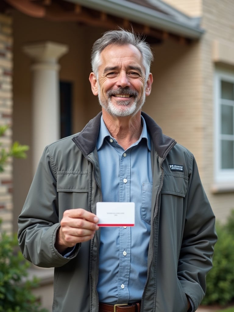 Middle-aged man holds ID card in hand in front of house wall. Neutral background with greenery. Natural lighting captures scene's details. Well-dressed individual communicates professionalism.