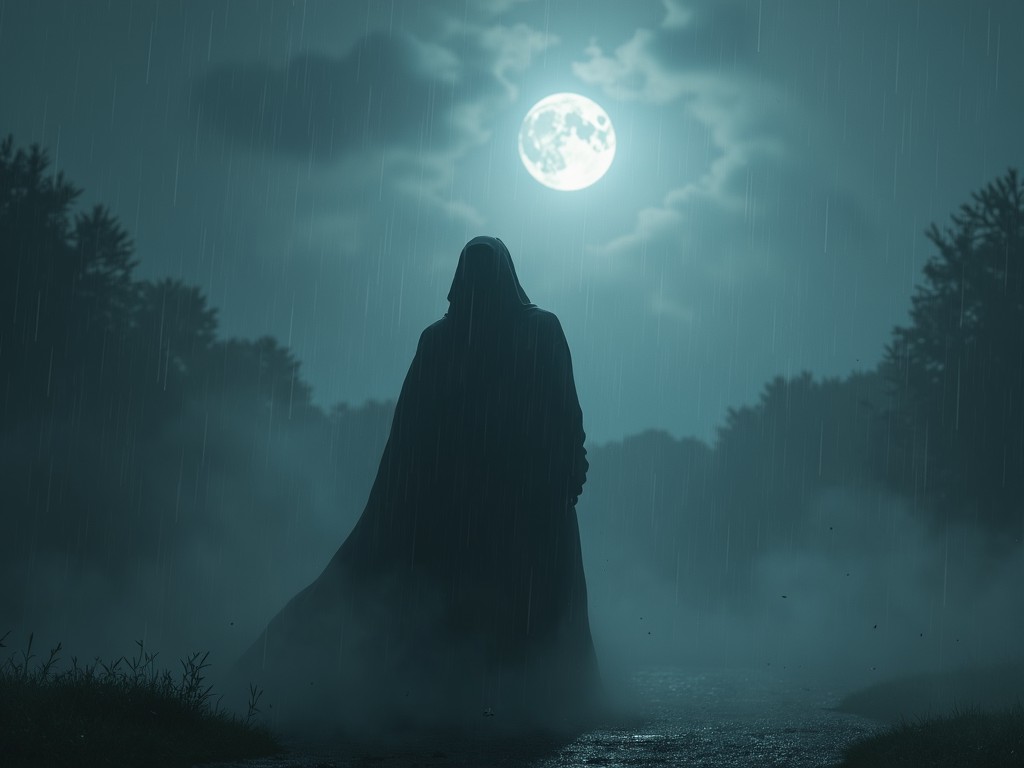 The image captures the silhouette of a hooded figure standing on a misty path during a rainy night. The full moon illuminates the scene, casting a mystical aura over the darkly clad figure. The surrounding trees and mist enhance the mysterious and eerie atmosphere.