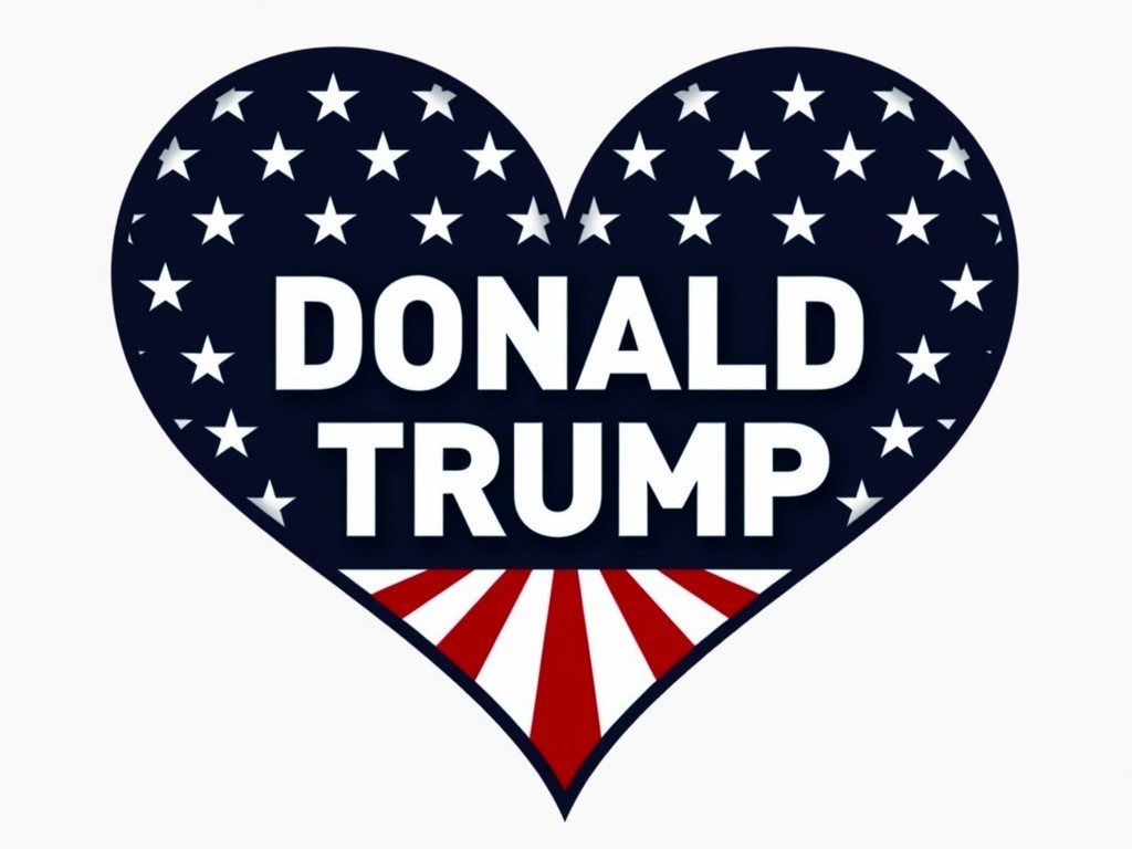 This image features a heart-shaped design filled with the American flag's stars and stripes, with bold text that reads 'Donald Trump' at the center. The top half of the heart is primarily dark blue with white stars, while the bottom includes stripes in red and white, symbolizing the American flag. The design presents a straightforward patriotic theme associated with a specific political figure.