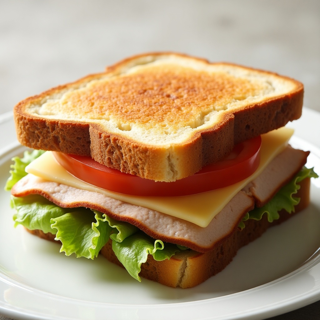 Toast sandwich with sliced smoked turkey. Layered with cheese. Includes iceberg lettuce and sliced tomato. Spread with mayonnaise. Plated on a white dish.