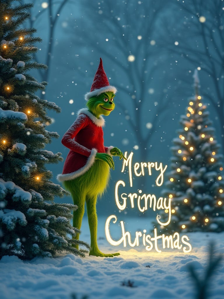 The Grinch stands outside in the snow surrounded by Christmas trees. Trees are decorated with festive lights. The Grinch wears a red Santa outfit. The Grinch writes Merry Christmas in a whimsical font.