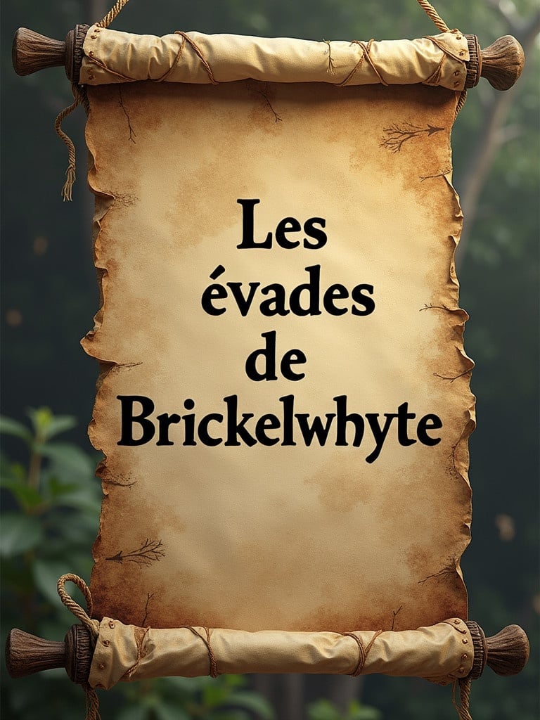 Banner with scroll design. Text reads 'Les évadés de Brickelwhyte'. Scroll appears old and weathered. Background features nature and greenery.