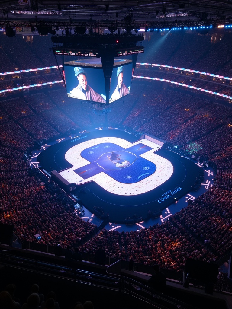 Aerial view of Travis Scott's concert at Madison Square Garden. 360-degree concert stage visible with T-shaped catwalk. Captivating atmosphere filled with excited audience. Bright stage lighting enhances the experience.