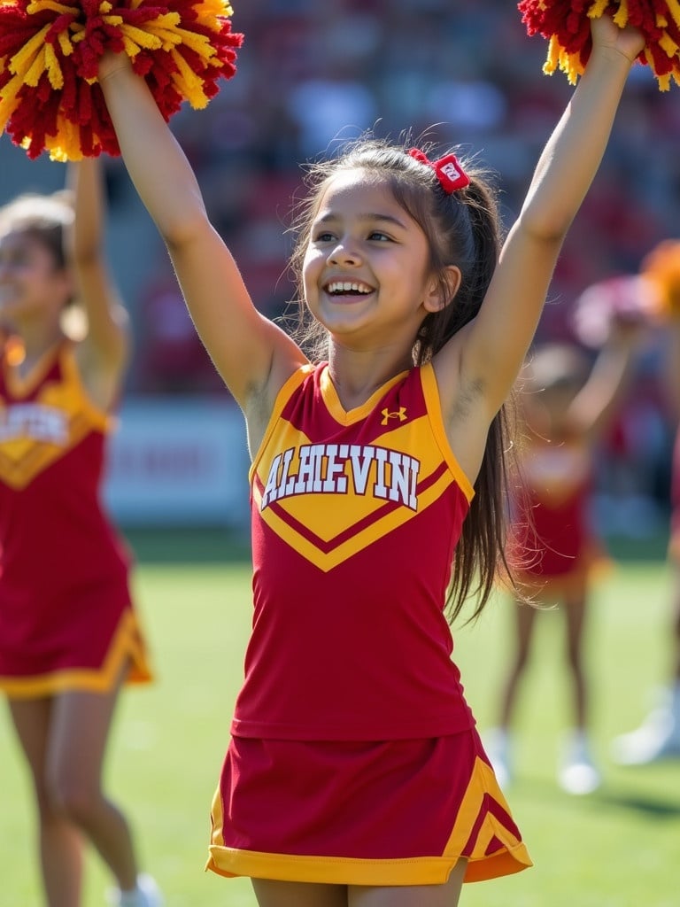 A cheerleader in a bright red and yellow uniform showcases team spirit with colorful pom-poms. The scene is lively capturing the essence of youth athletics during a sporting event.