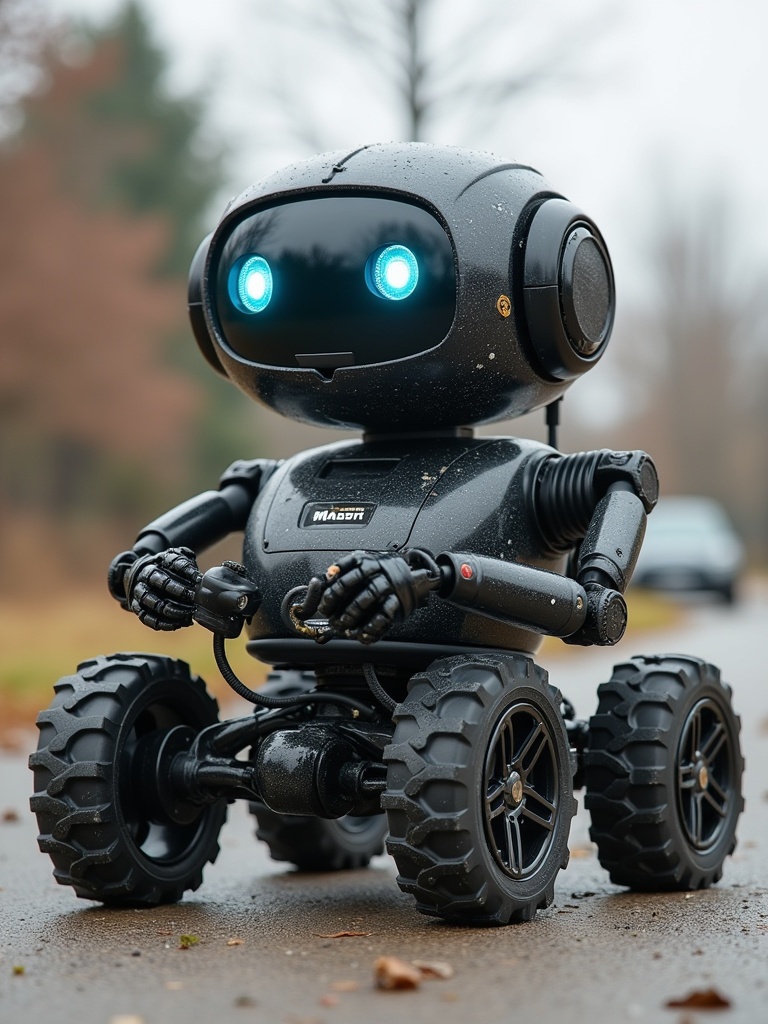 Robot features delivery setup and possesses four wheels. Robot appears friendly with blue glowing eyes. Environment showcases a pathway surrounded by trees. Emphasis on technological innovation in delivery services.