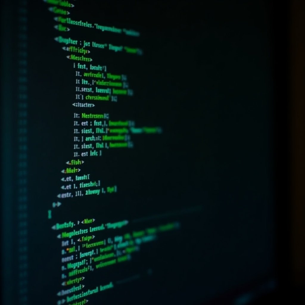 Blurred close-up view of green and white programming code visible on a dark computer screen