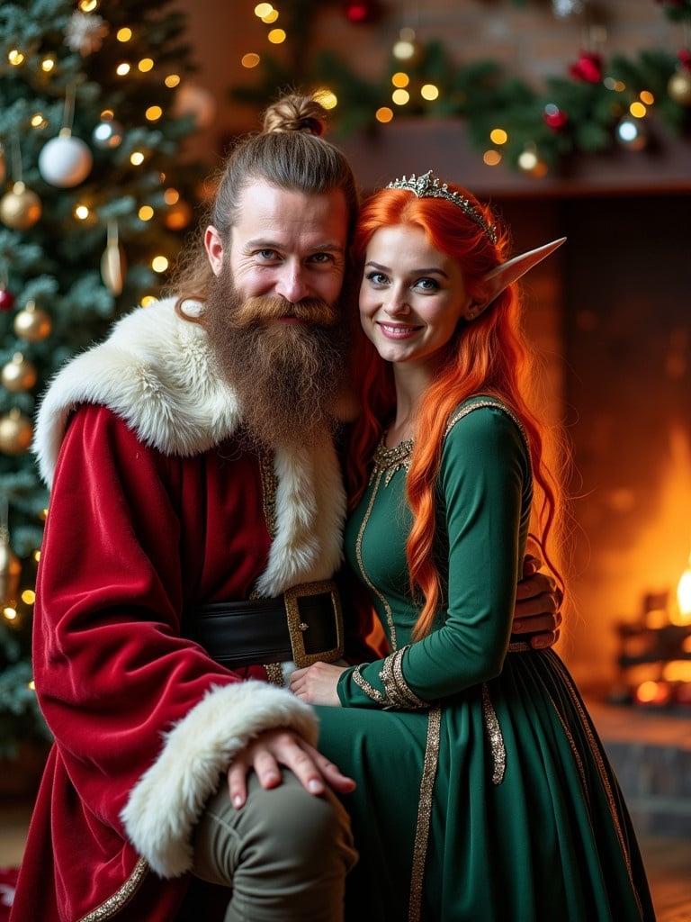 Scene features a Viking dressed as Santa holding an elf Valkyrie. Both exhibit warmth and joy. Background includes a Christmas tree with decorations and a fireplace emitting a soft glow.