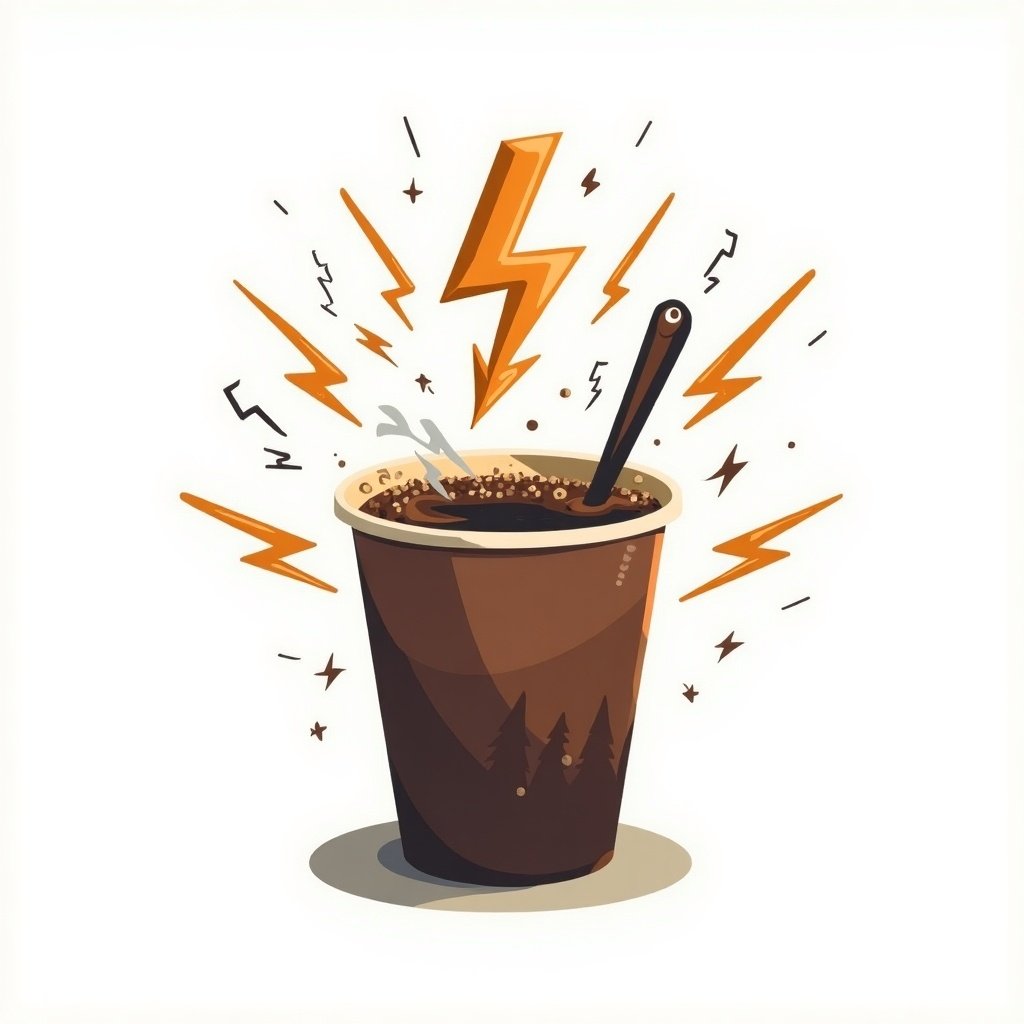 A graphic of a coffee cup surrounded by lightning bolts on a white background. Represents energy and chaos.